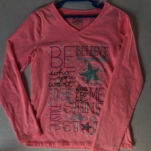 Justice Long Sleeve Tee, Pink/Silver, Size 12, EUC